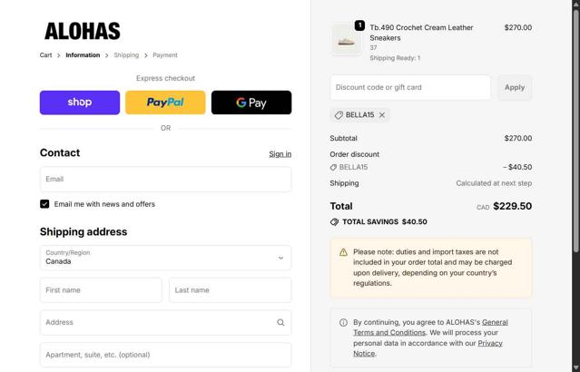 Alohas checkout page showing Alohas coupon code box | Screenshot taken by SimplyCodes community member on Sep 29, 2025