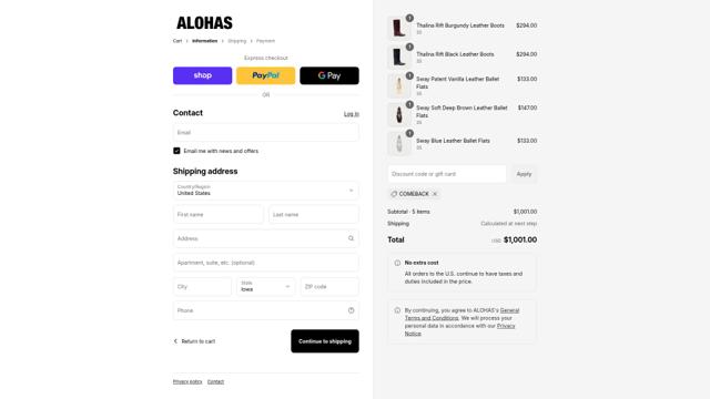 Alohas checkout page showing Alohas coupon code box | Screenshot taken by SimplyCodes community member on Sep 8, 2025