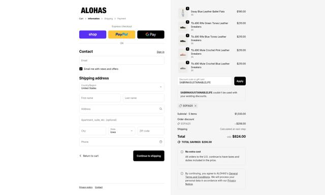 Alohas checkout page showing Alohas coupon code box | Screenshot taken by SimplyCodes community member on Sep 29, 2025