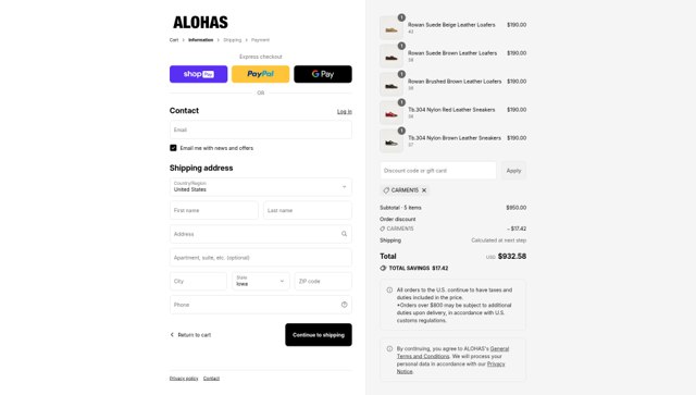 Alohas checkout page showing Alohas coupon code box | Screenshot taken by SimplyCodes community member on Aug 27, 2025