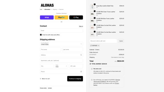 Alohas checkout page showing Alohas coupon code box | Screenshot taken by SimplyCodes community member on Sep 29, 2025