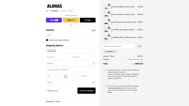 Alohas checkout page showing Alohas coupon code box | Screenshot taken by SimplyCodes community member on Aug 27, 2025