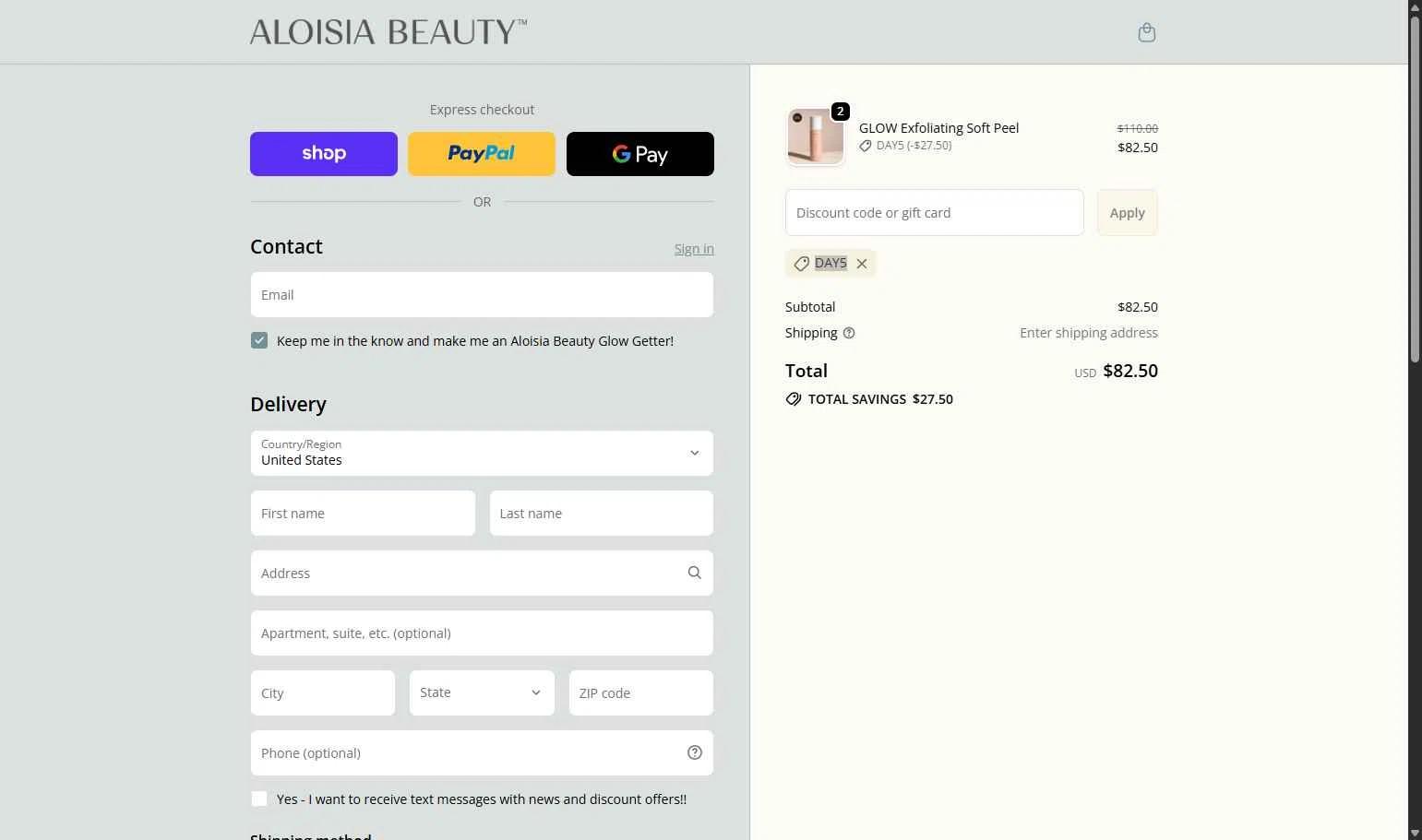 Aloisia Beauty checkout page showing Aloisia Beauty discount code box | Screenshot taken by SimplyCodes community member on Dec 15, 2025