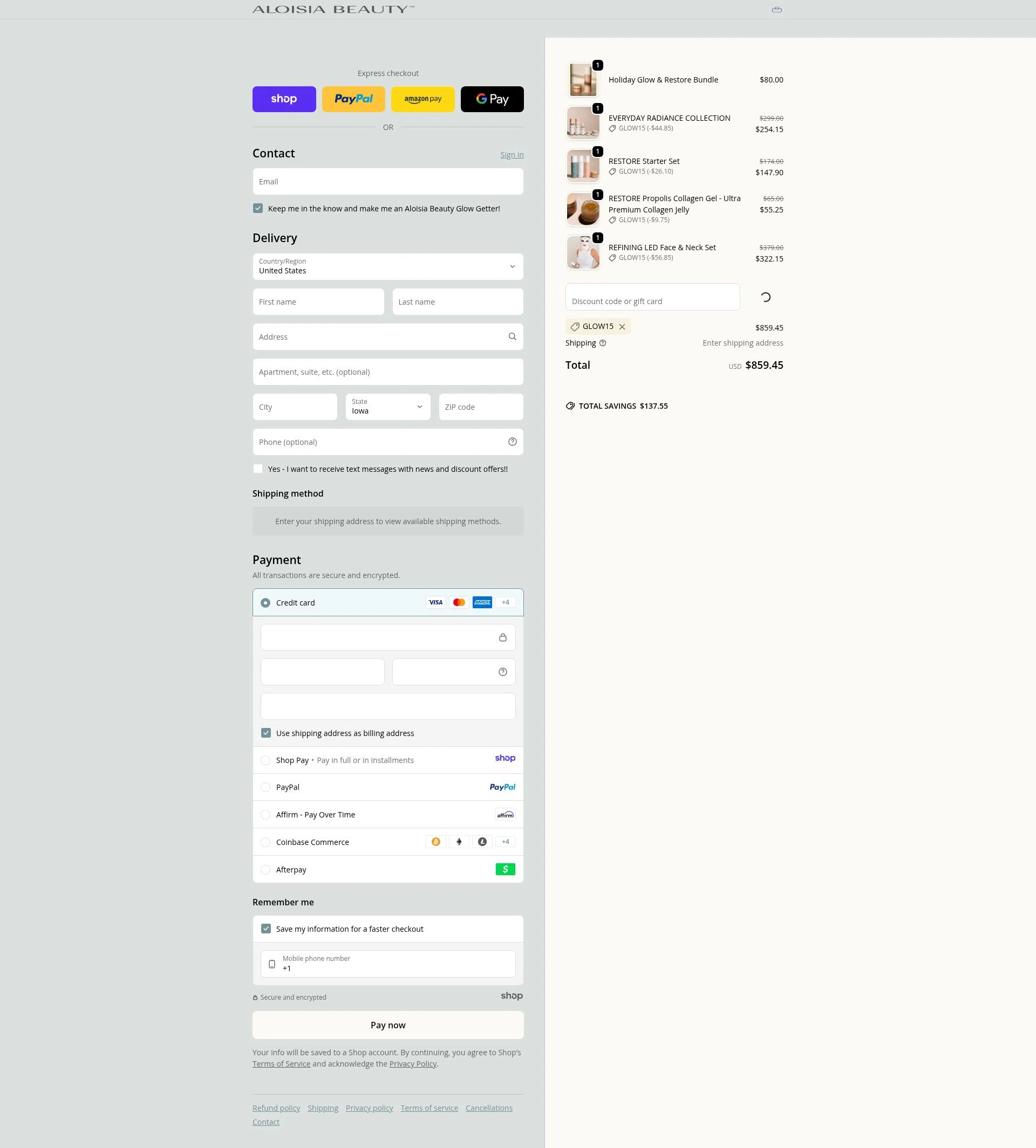 Aloisia Beauty checkout page showing Aloisia Beauty discount code box | Screenshot taken by SimplyCodes community member on Dec 19, 2025