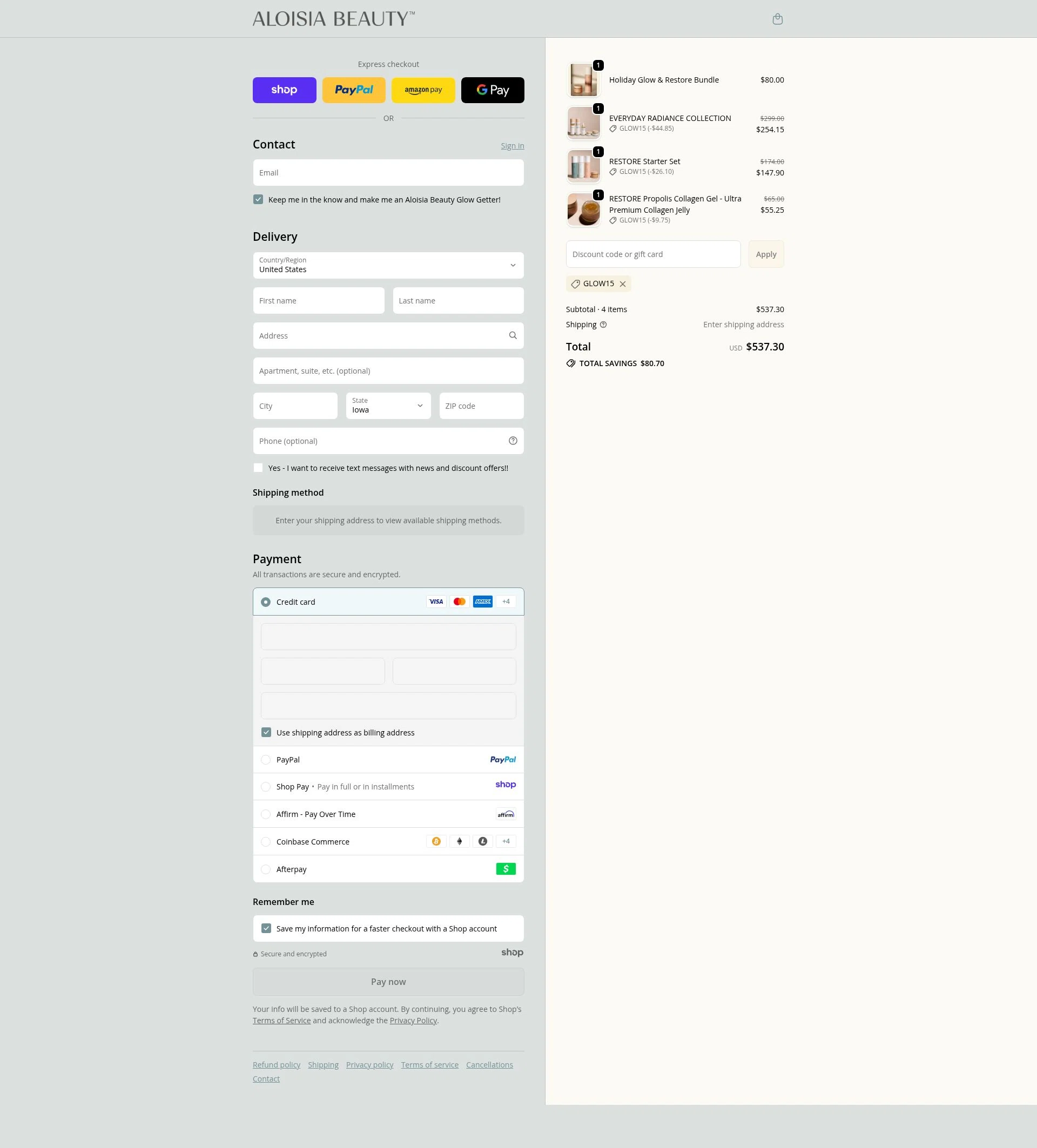 Aloisia Beauty checkout page showing Aloisia Beauty discount code box | Screenshot taken by SimplyCodes community member on Dec 6, 2025