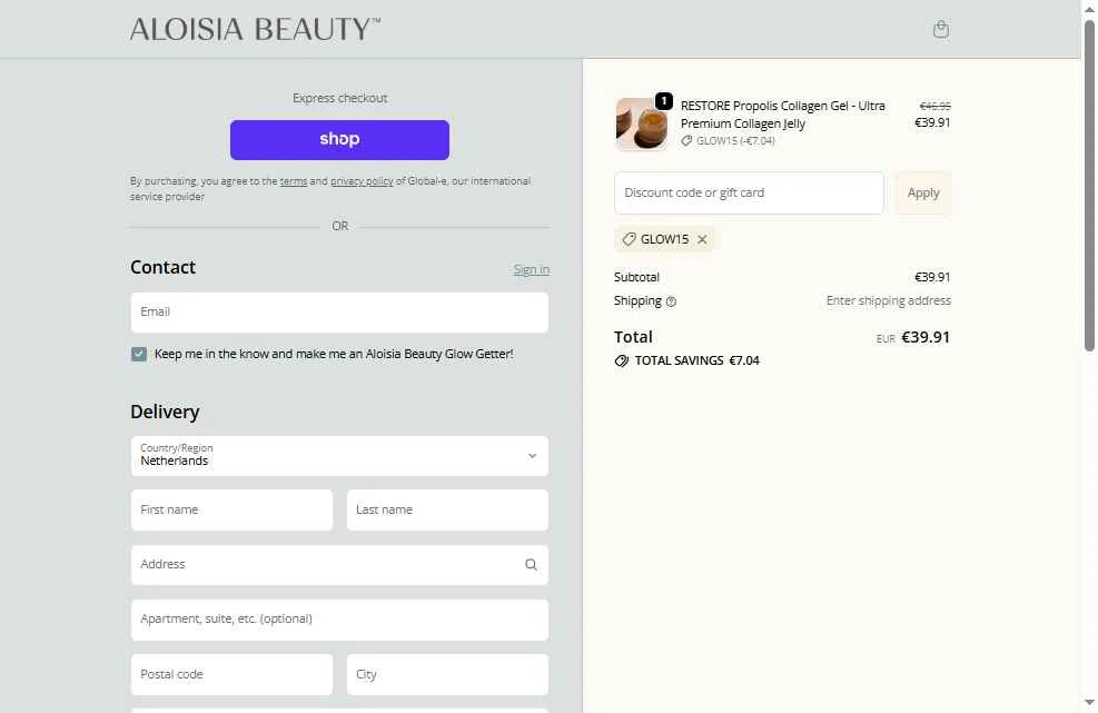 Aloisia Beauty checkout page showing Aloisia Beauty discount code box | Screenshot taken by SimplyCodes community member on Nov 21, 2025