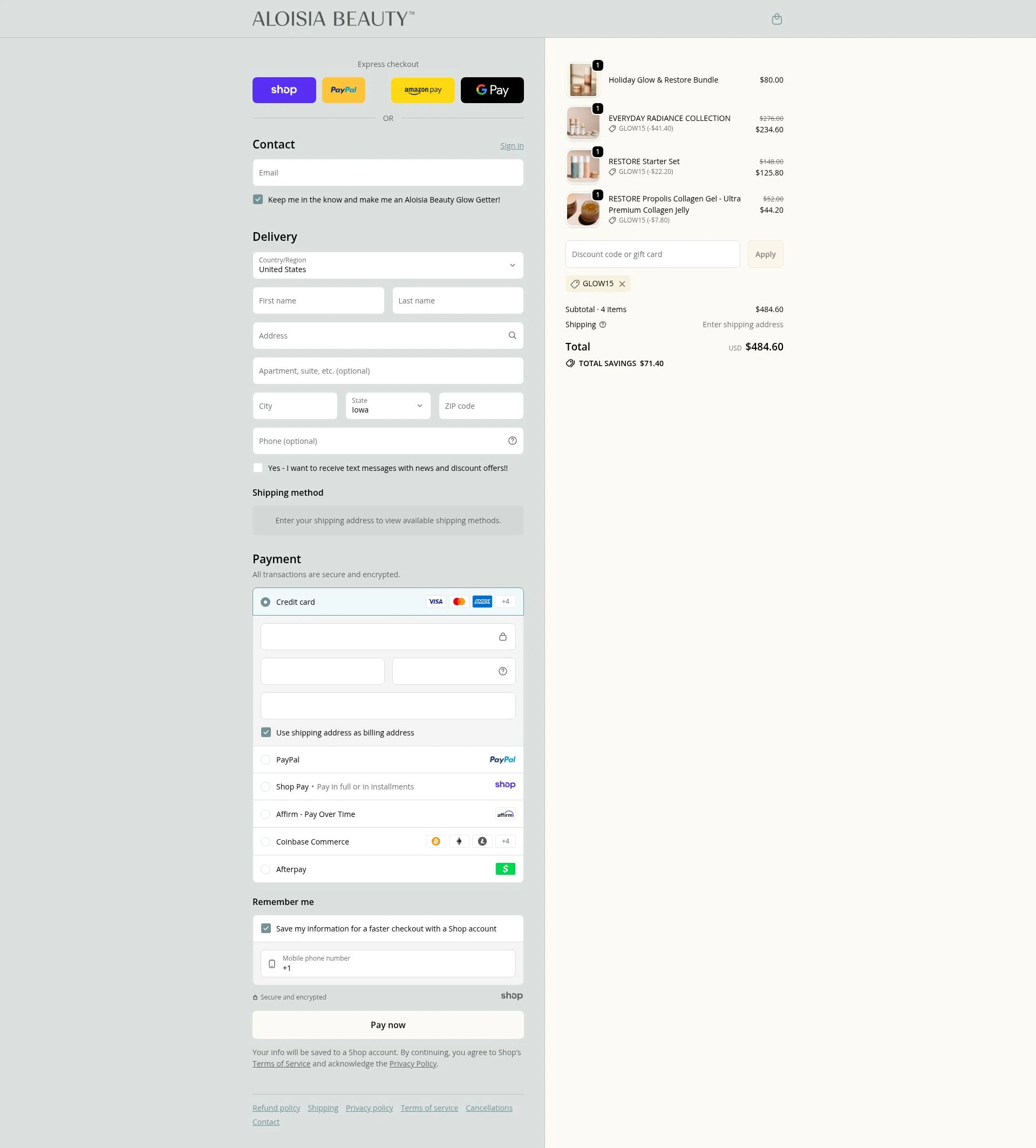 Aloisia Beauty checkout page showing Aloisia Beauty discount code box | Screenshot taken by SimplyCodes community member on Dec 1, 2025