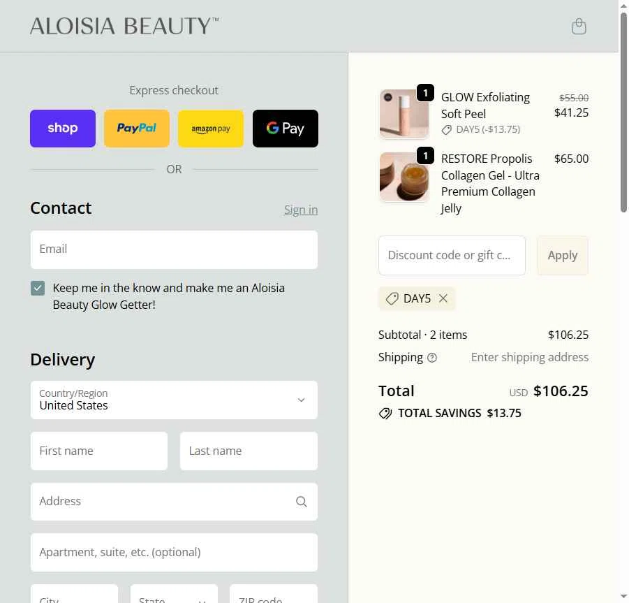 Aloisia Beauty checkout page showing Aloisia Beauty discount code box | Screenshot taken by SimplyCodes community member on Dec 15, 2025