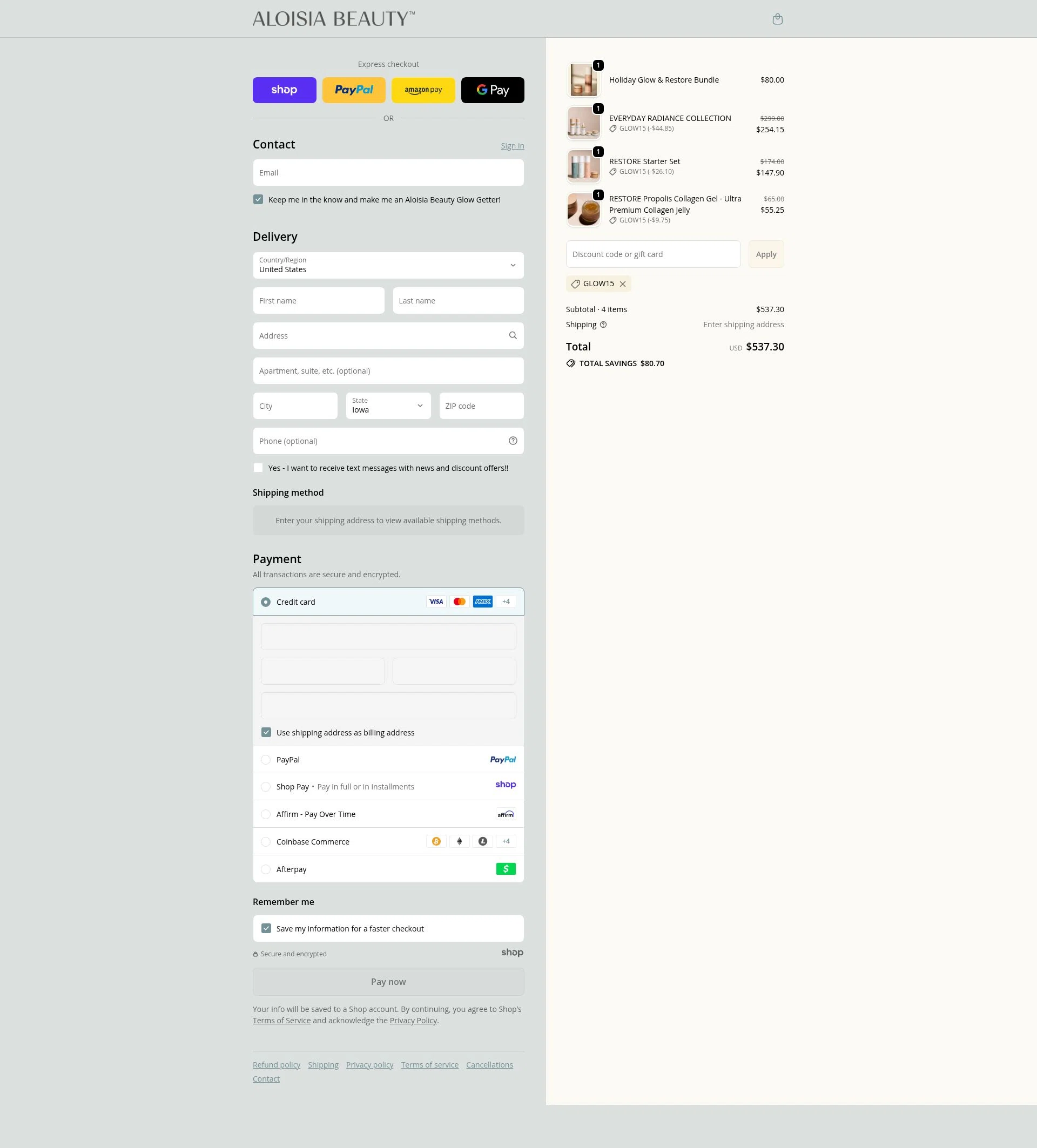 Aloisia Beauty checkout page showing Aloisia Beauty discount code box | Screenshot taken by SimplyCodes community member on Dec 12, 2025