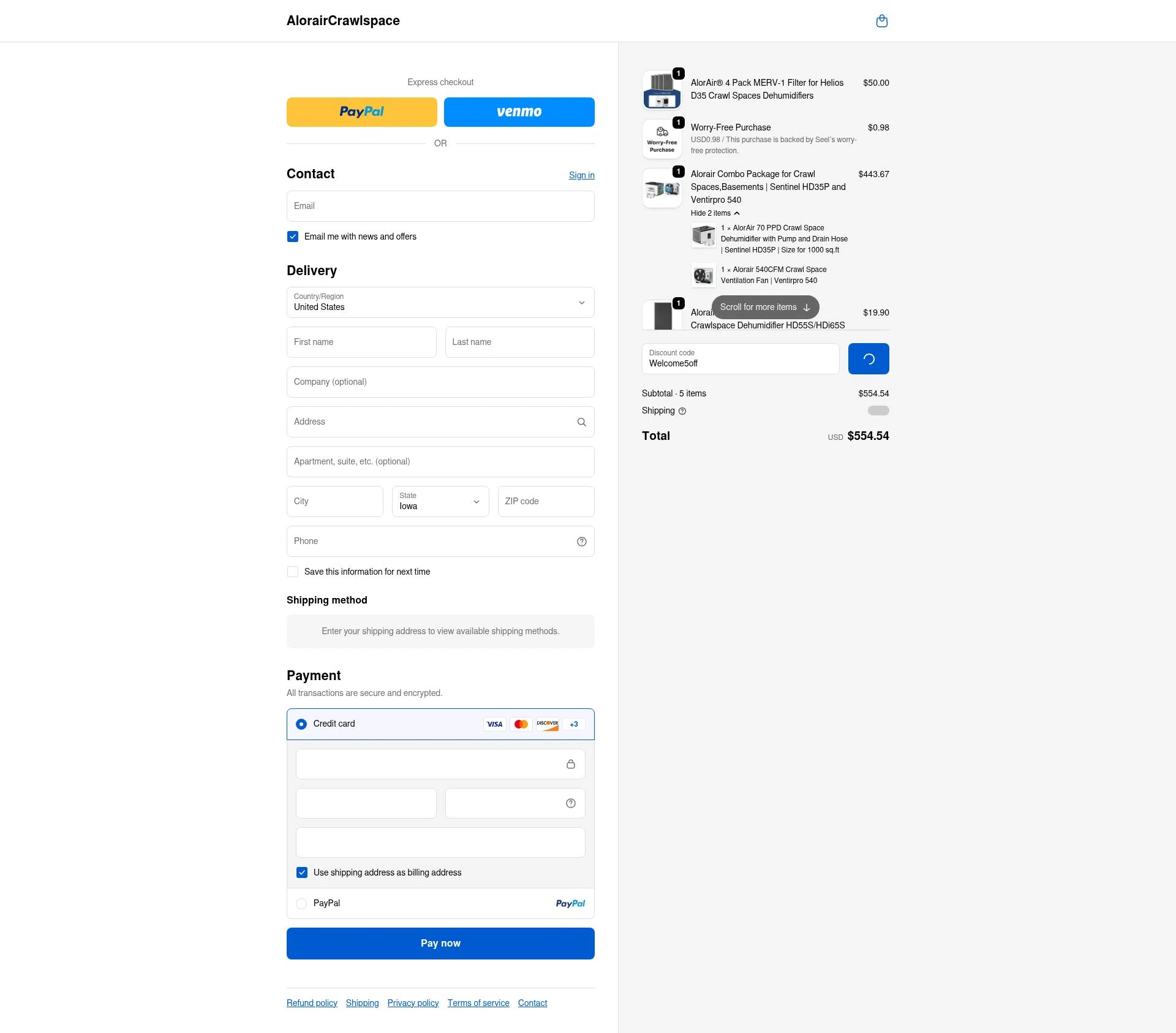 AlorairCrawlspace checkout page showing AlorairCrawlspace coupon code box | Screenshot taken by SimplyCodes community member on Jan 10, 2026
