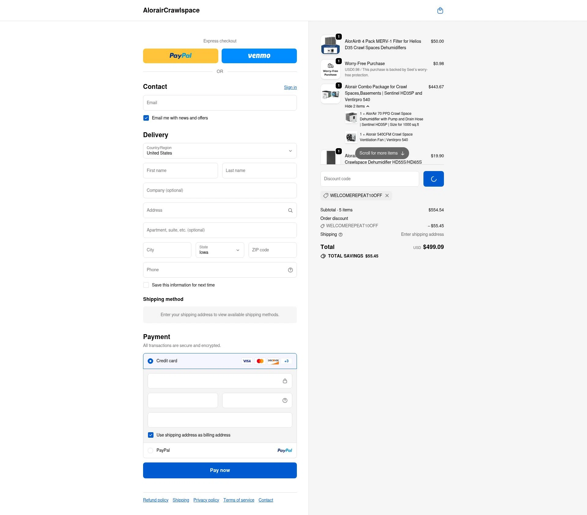 AlorairCrawlspace checkout page showing AlorairCrawlspace coupon code box | Screenshot taken by SimplyCodes community member on Jan 10, 2026