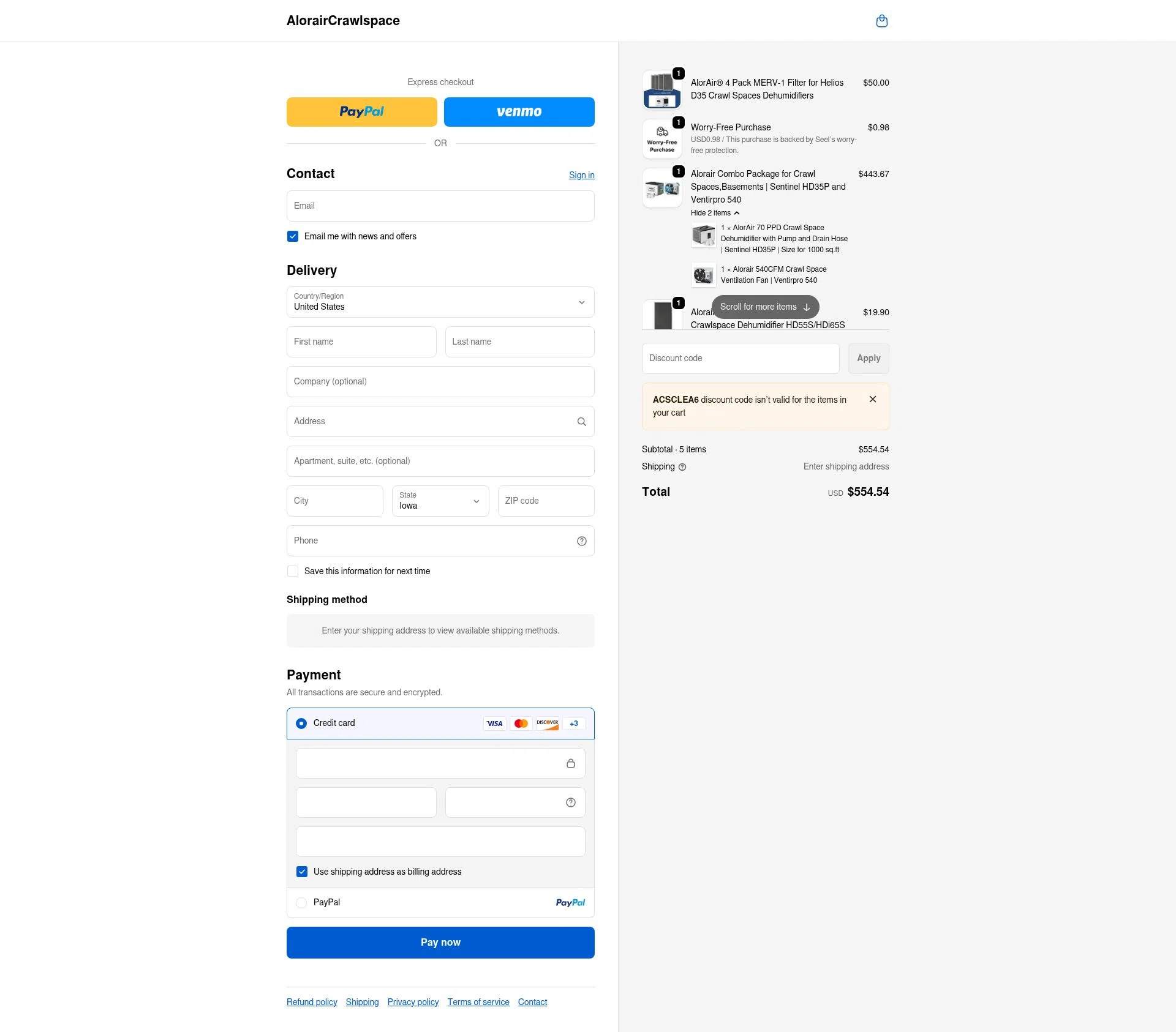 AlorairCrawlspace checkout page showing AlorairCrawlspace coupon code box | Screenshot taken by SimplyCodes community member on Jan 10, 2026