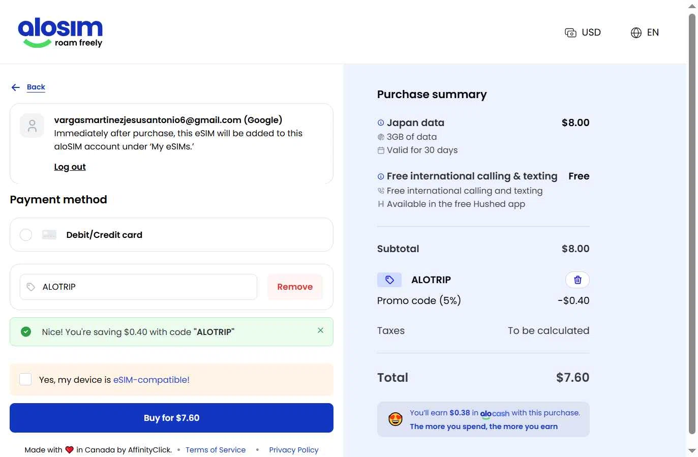 aloSIM checkout page showing aloSIM promo code box | Screenshot taken by SimplyCodes community member on Feb 3, 2026