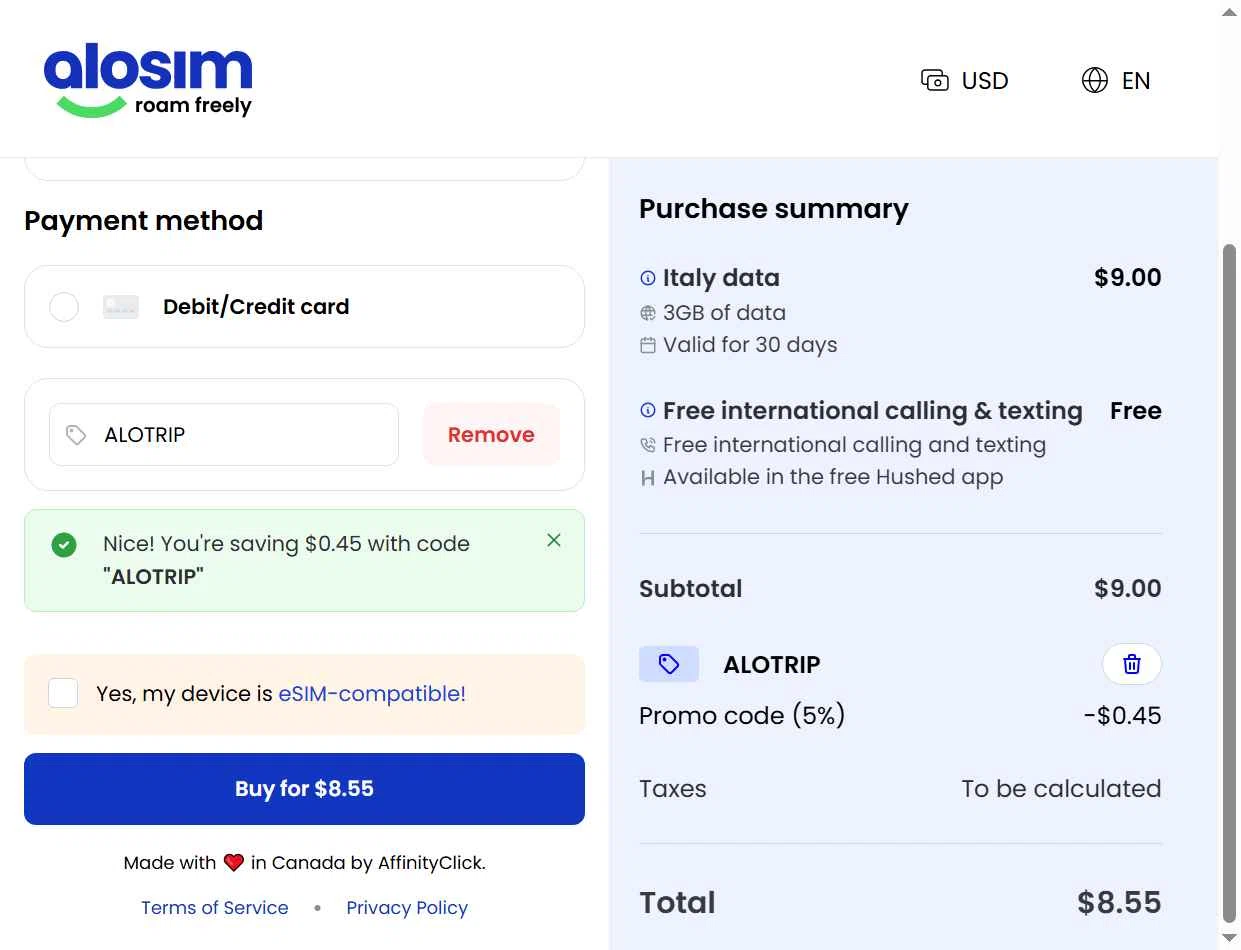 aloSIM checkout page showing aloSIM promo code box | Screenshot taken by SimplyCodes community member on Jan 5, 2026