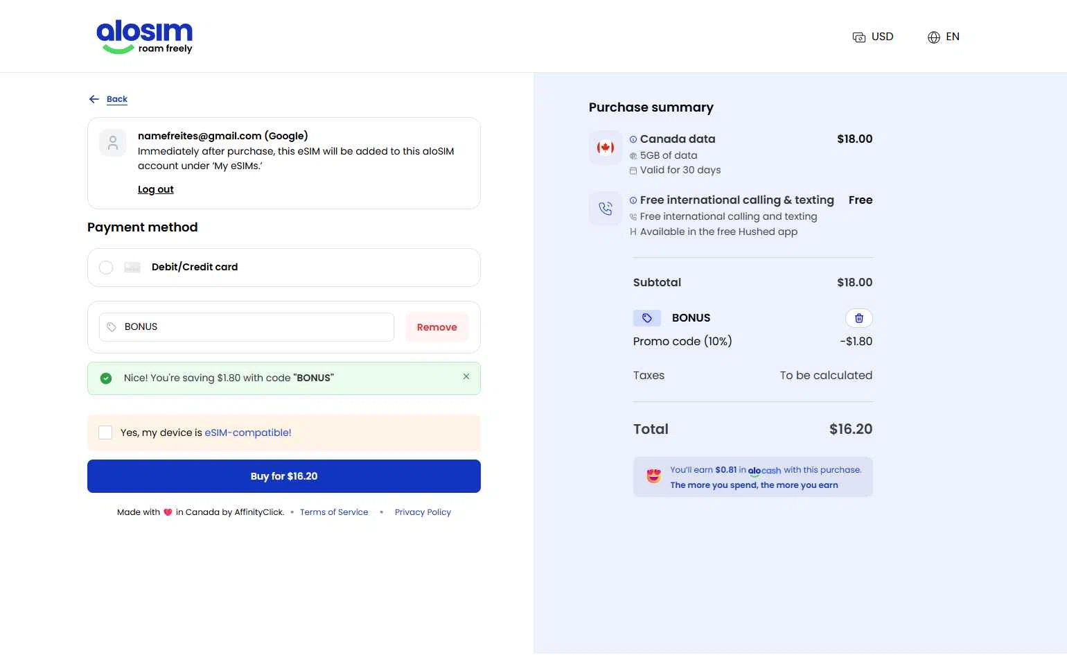 aloSIM checkout page showing aloSIM promo code box | Screenshot taken by SimplyCodes community member on Feb 4, 2026