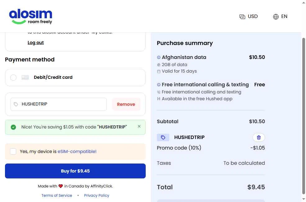 aloSIM checkout page showing aloSIM promo code box | Screenshot taken by SimplyCodes community member on Dec 28, 2025