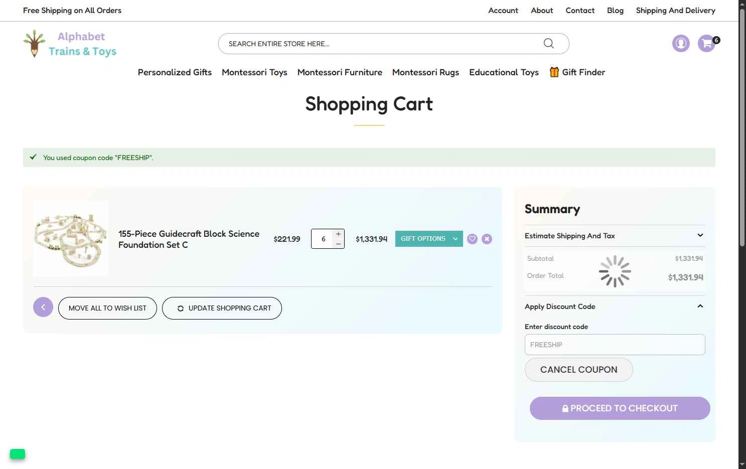 Alphabet Trains & Toys checkout page showing Alphabet Trains & Toys promo code box | Screenshot taken by SimplyCodes community member on Dec 20, 2025