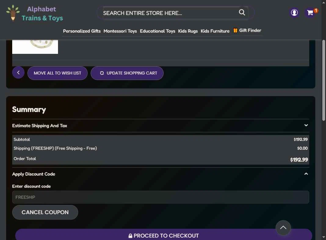 Alphabet Trains & Toys checkout page showing Alphabet Trains & Toys promo code box | Screenshot taken by SimplyCodes community member on Sep 24, 2025