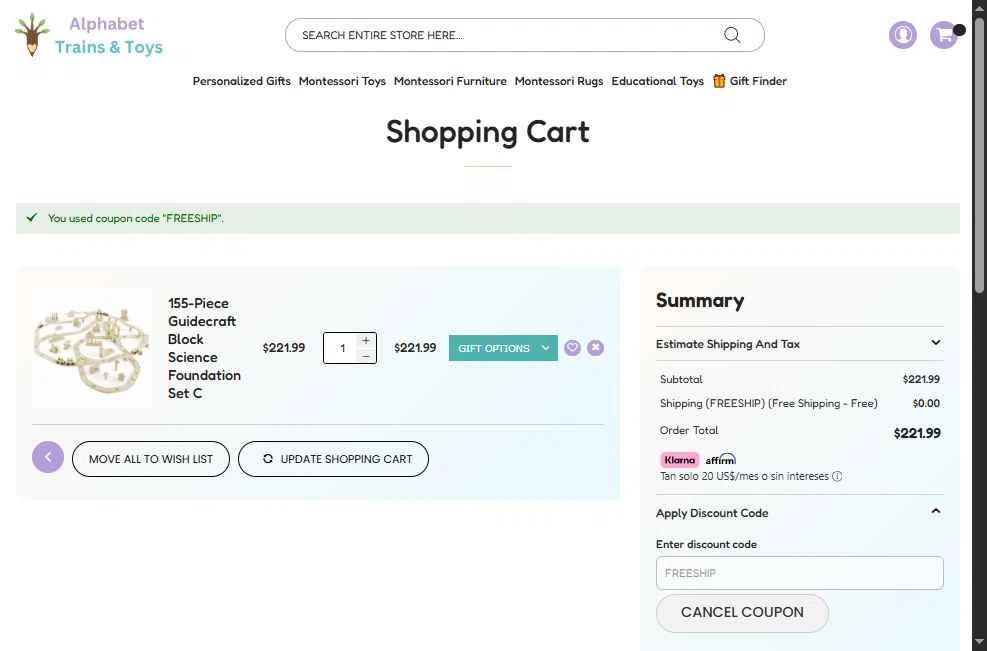 Alphabet Trains & Toys checkout page showing Alphabet Trains & Toys promo code box | Screenshot taken by SimplyCodes community member on Nov 21, 2025