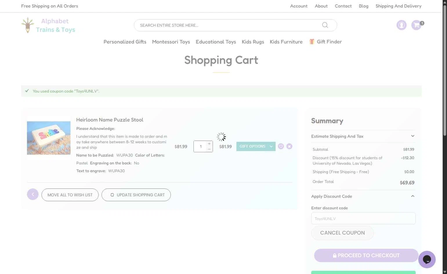 Alphabet Trains & Toys checkout page showing Alphabet Trains & Toys promo code box | Screenshot taken by SimplyCodes community member on Sep 24, 2025