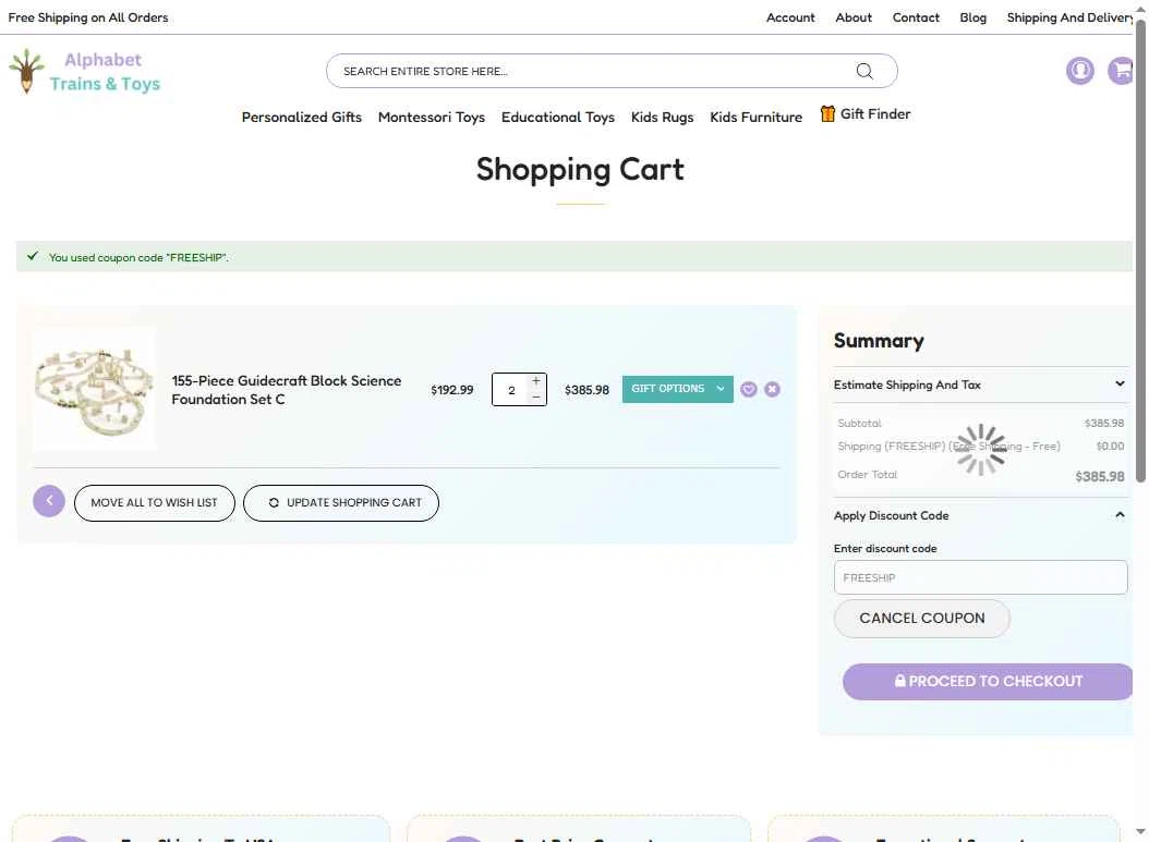 Alphabet Trains & Toys checkout page showing Alphabet Trains & Toys promo code box | Screenshot taken by SimplyCodes community member on Aug 26, 2025