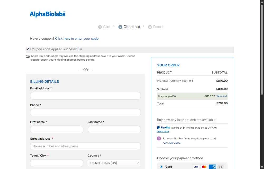 Alpha Biolabs USA checkout page showing Alpha Biolabs USA promo code box | Screenshot taken by SimplyCodes community member on Dec 3, 2025