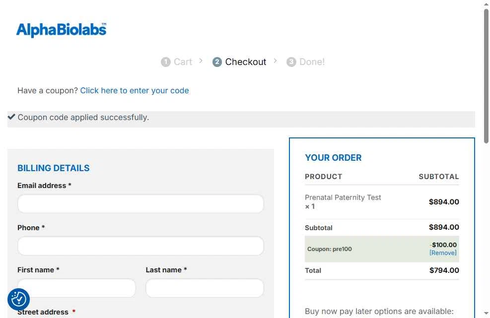 Alpha Biolabs USA checkout page showing Alpha Biolabs USA promo code box | Screenshot taken by SimplyCodes community member on Dec 13, 2025