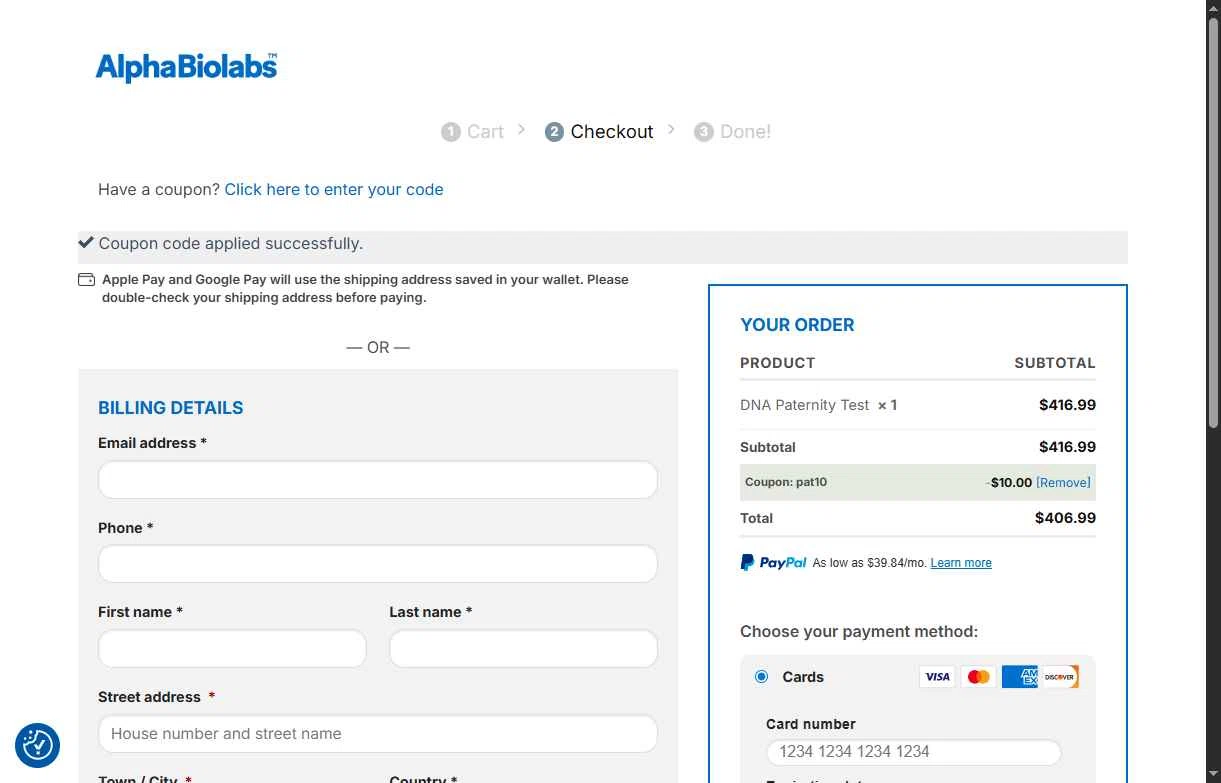 Alpha Biolabs USA checkout page showing Alpha Biolabs USA promo code box | Screenshot taken by SimplyCodes community member on Sep 2, 2025