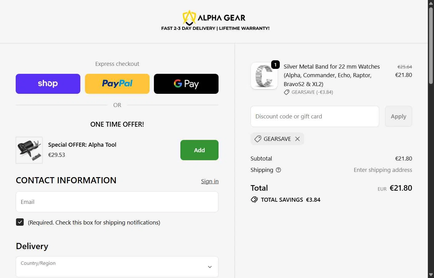 AlphaGearUS checkout page showing AlphaGearUS promo code box | Screenshot taken by SimplyCodes community member on Feb 13, 2026