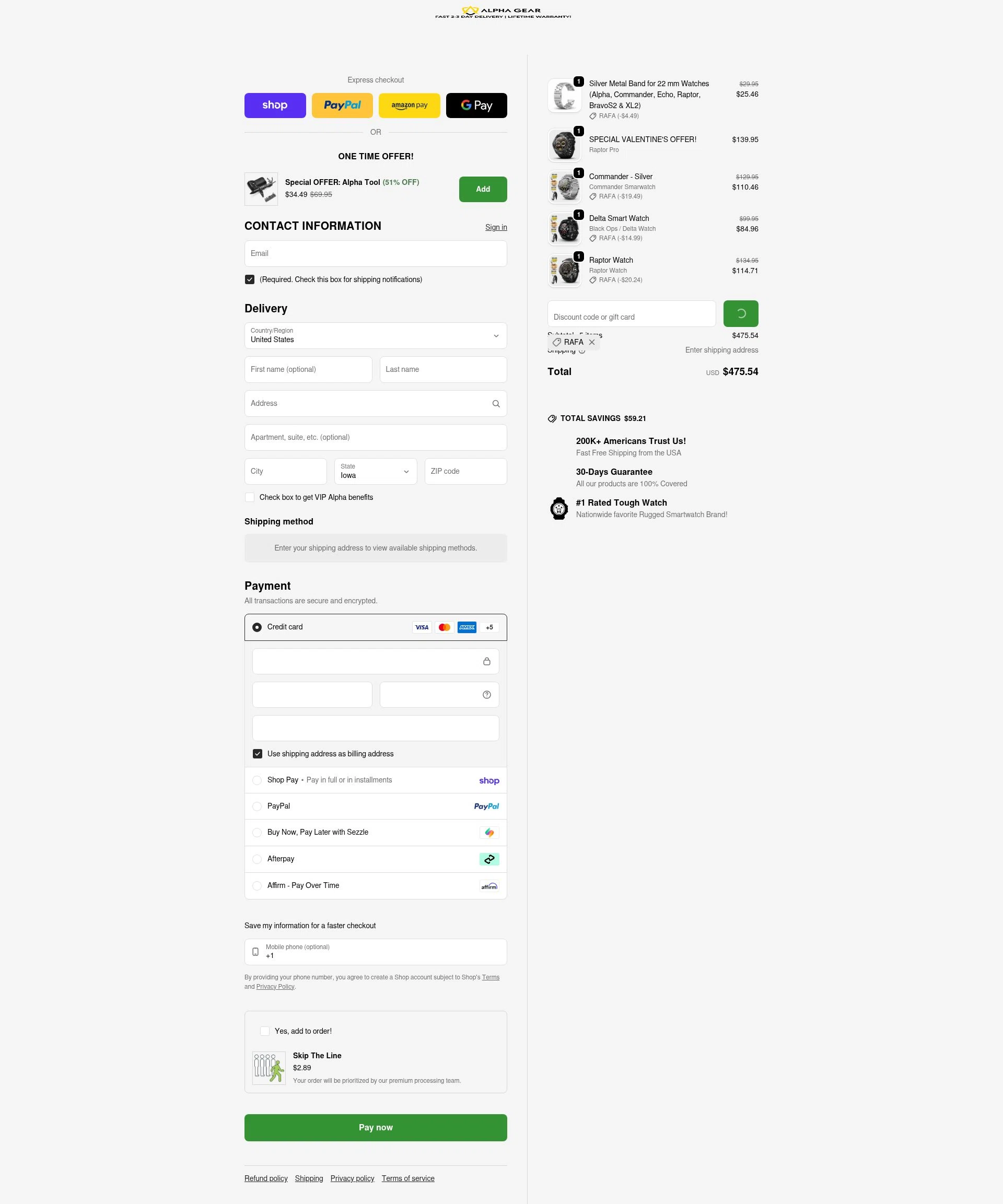 AlphaGearUS checkout page showing AlphaGearUS promo code box | Screenshot taken by SimplyCodes community member on Feb 12, 2026