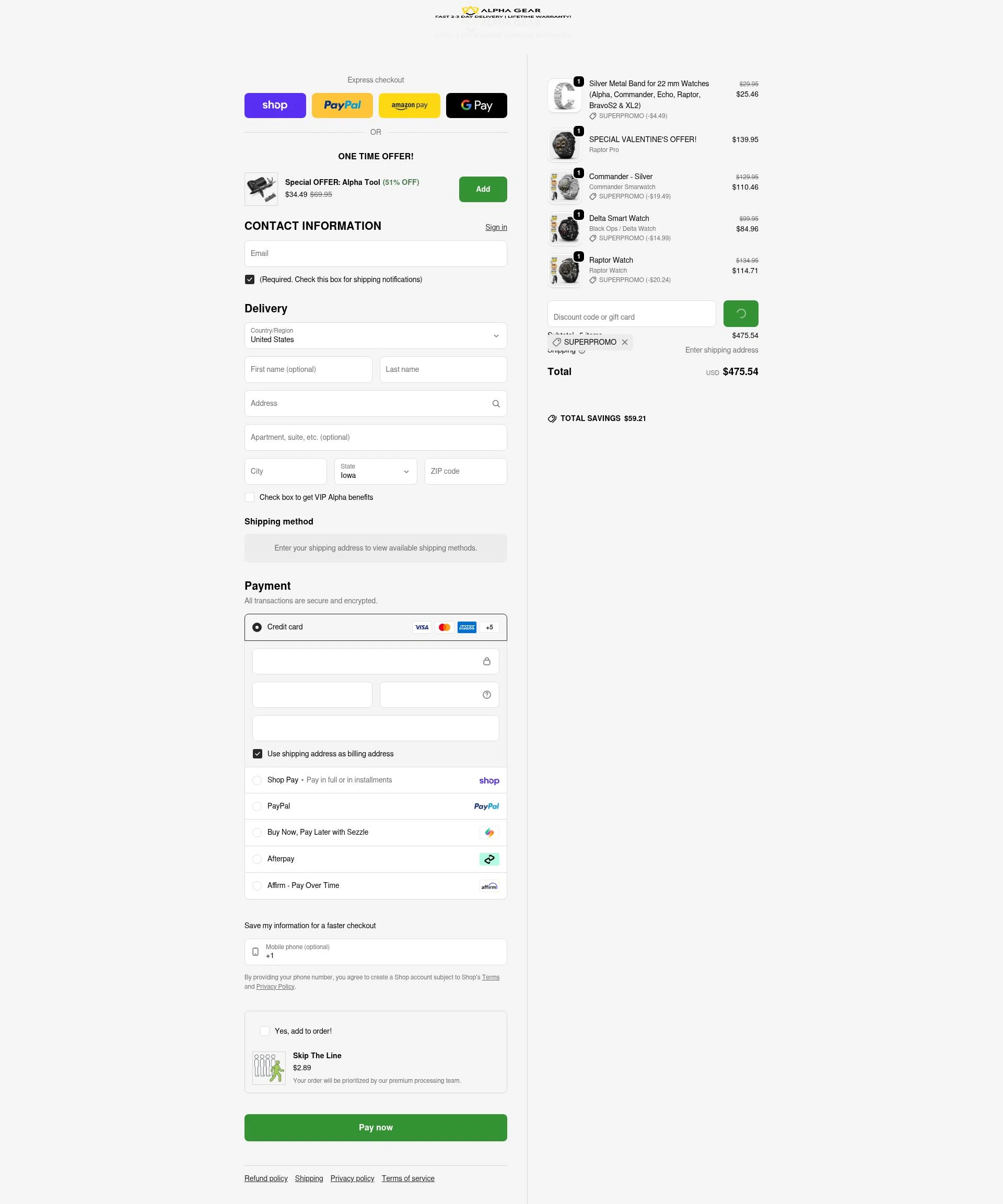 AlphaGearUS checkout page showing AlphaGearUS promo code box | Screenshot taken by SimplyCodes community member on Feb 12, 2026