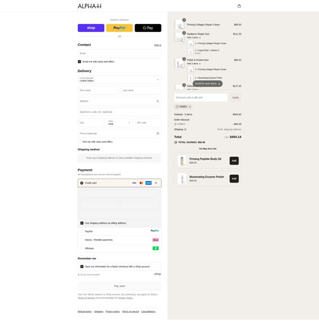 Alpha-H checkout page showing Alpha-H promo code box | Screenshot taken by SimplyCodes community member on Sep 14, 2025