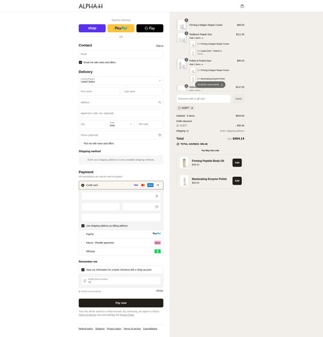Alpha-H checkout page showing Alpha-H promo code box | Screenshot taken by SimplyCodes community member on Sep 14, 2025