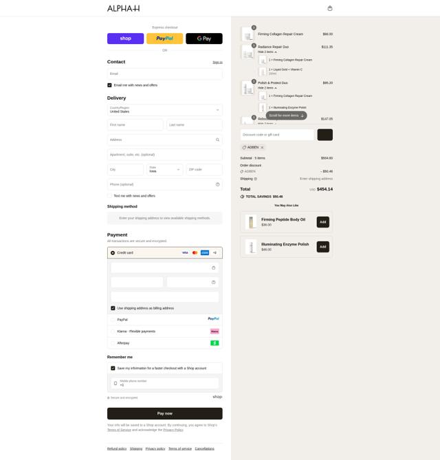 Alpha-H checkout page showing Alpha-H promo code box | Screenshot taken by SimplyCodes community member on Sep 14, 2025
