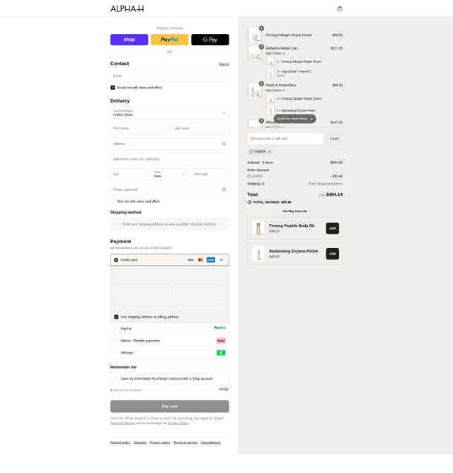 Alpha-H checkout page showing Alpha-H promo code box | Screenshot taken by SimplyCodes community member on Sep 14, 2025