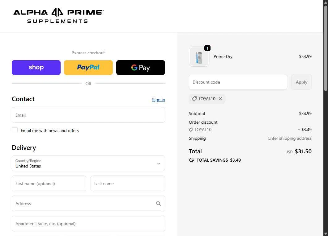 Alpha Prime Supplements checkout page showing Alpha Prime Supplements discount code box | Screenshot taken by SimplyCodes community member on Jan 22, 2026