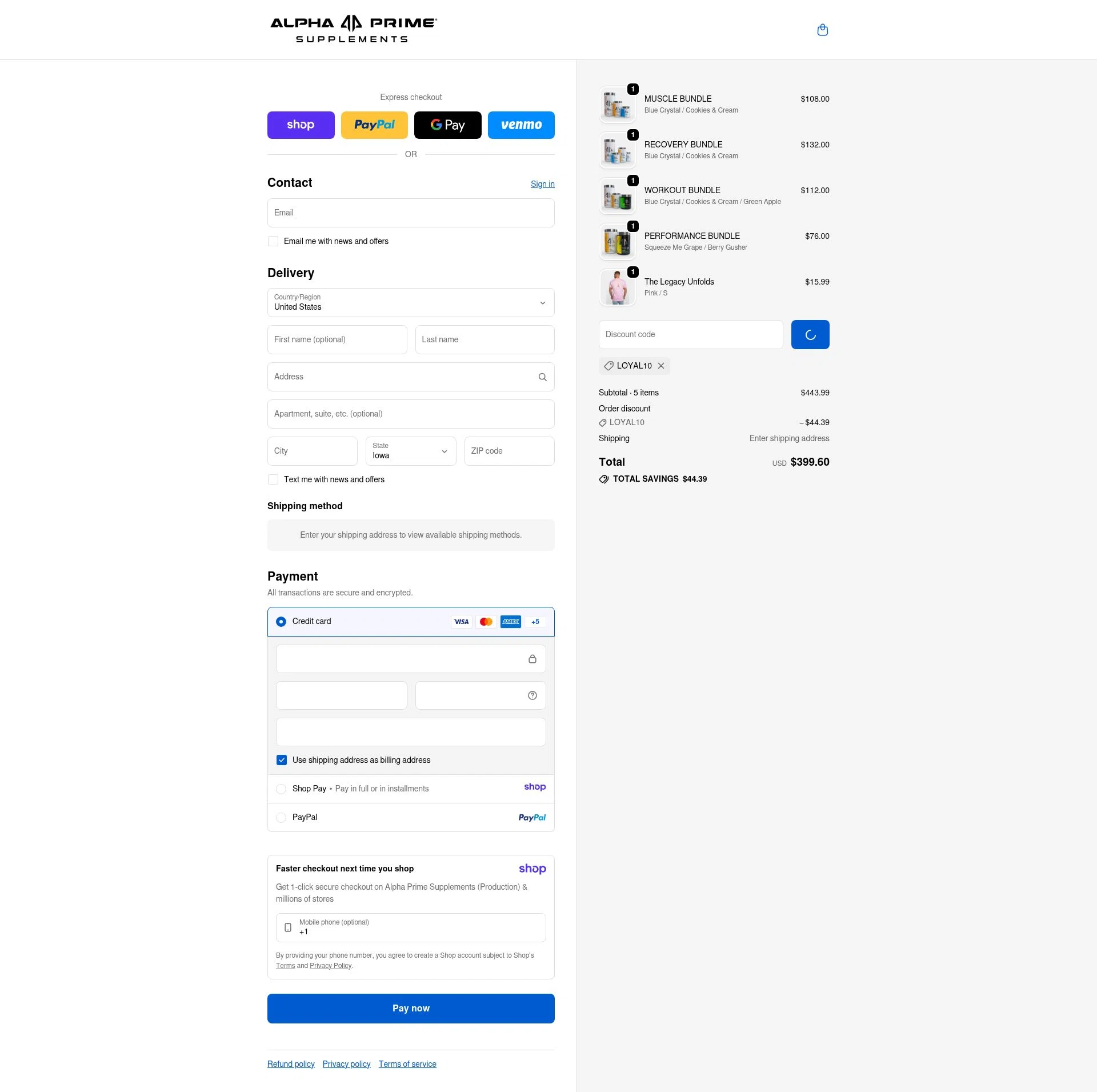 Alpha Prime Supplements checkout page showing Alpha Prime Supplements discount code box | Screenshot taken by SimplyCodes community member on Jan 12, 2026