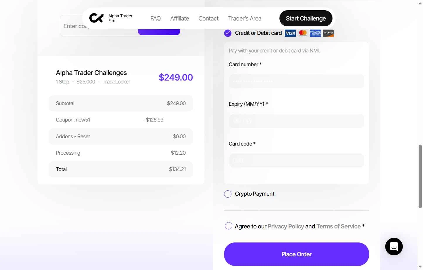 Alpha Trader checkout page showing Alpha Trader coupon code box | Screenshot taken by SimplyCodes community member on Nov 23, 2025