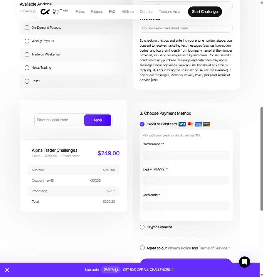 Alpha Trader checkout page showing Alpha Trader coupon code box | Screenshot taken by SimplyCodes community member on Dec 31, 2025