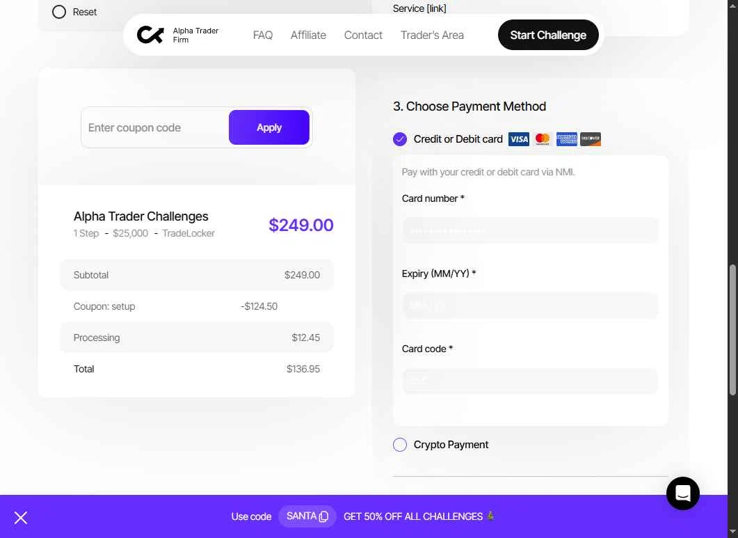 Alpha Trader checkout page showing Alpha Trader coupon code box | Screenshot taken by SimplyCodes community member on Dec 8, 2025