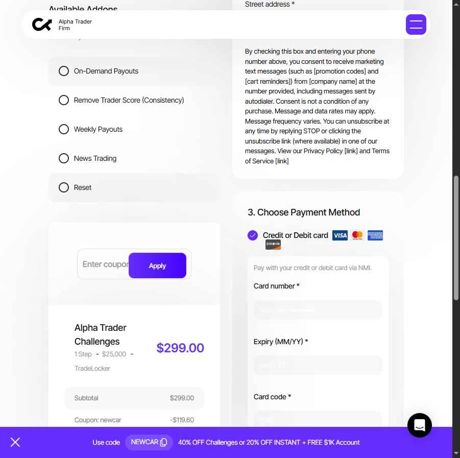 Alpha Trader checkout page showing Alpha Trader coupon code box | Screenshot taken by SimplyCodes community member on Jan 20, 2026
