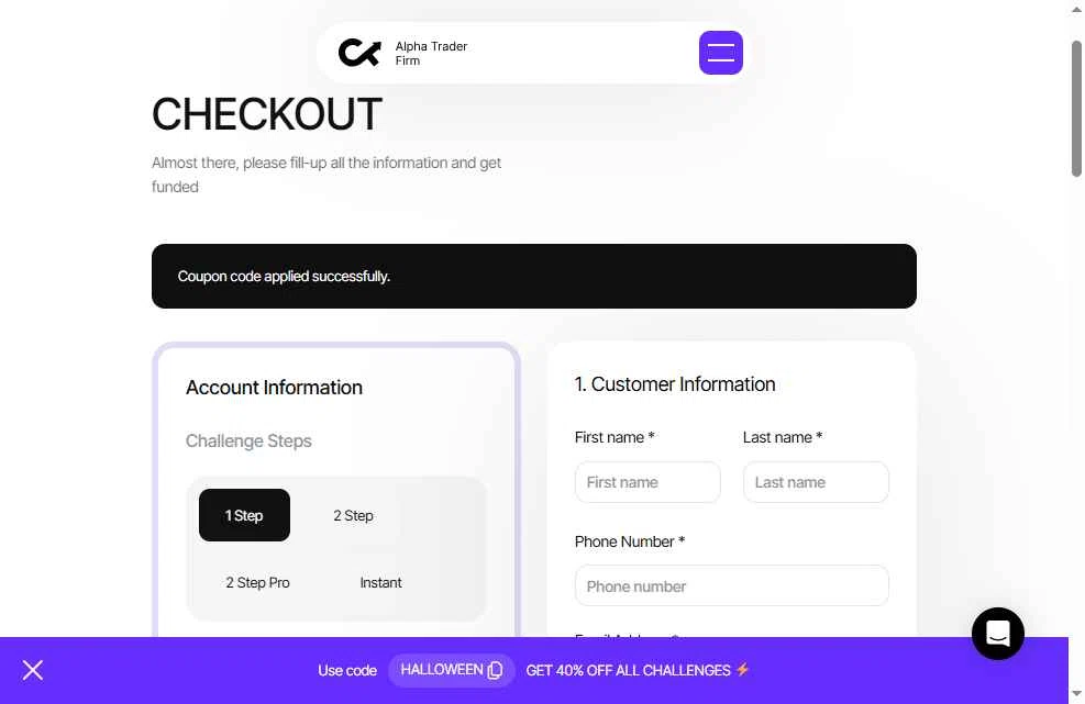 Alpha Trader checkout page showing Alpha Trader coupon code box | Screenshot taken by SimplyCodes community member on Oct 25, 2025