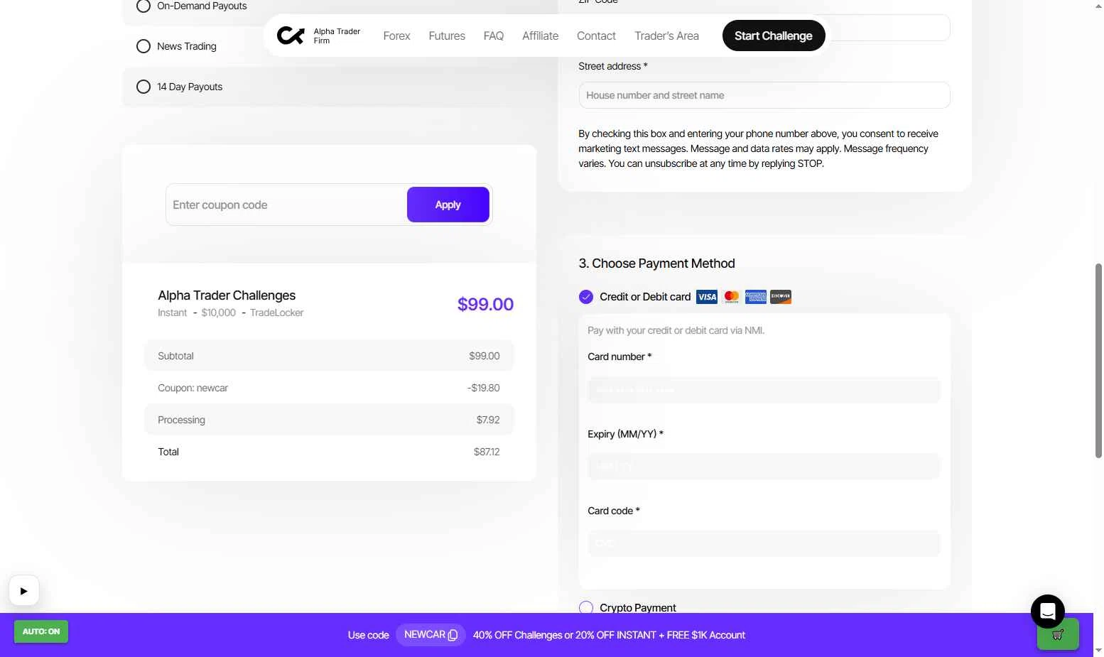 Alpha Trader checkout page showing Alpha Trader coupon code box | Screenshot taken by SimplyCodes community member on Jan 25, 2026