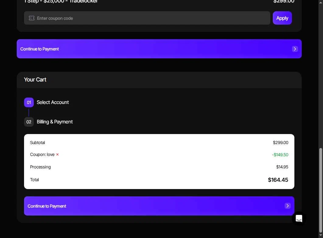 Alpha Trader checkout page showing Alpha Trader coupon code box | Screenshot taken by SimplyCodes community member on Feb 9, 2026