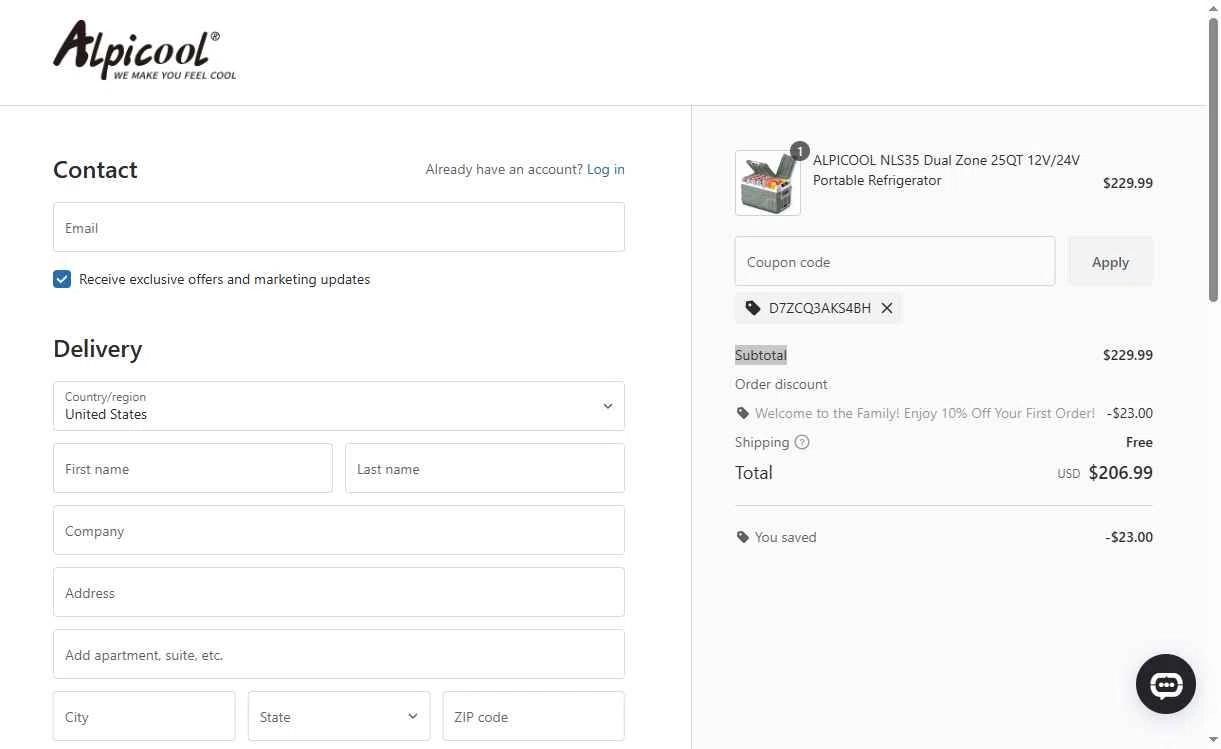 ALPICOOL checkout page showing ALPICOOL discount code box | Screenshot taken by SimplyCodes community member on Dec 3, 2025