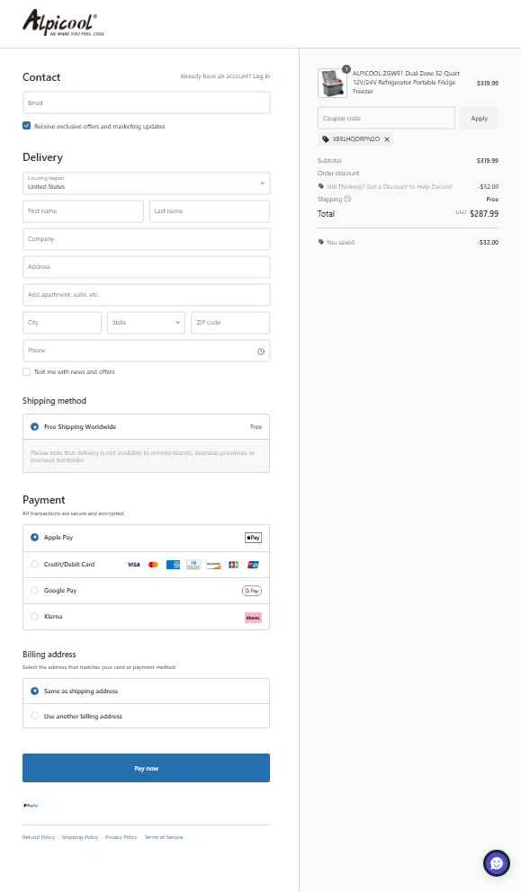 ALPICOOL checkout page showing ALPICOOL discount code box | Screenshot taken by SimplyCodes community member on Dec 3, 2025