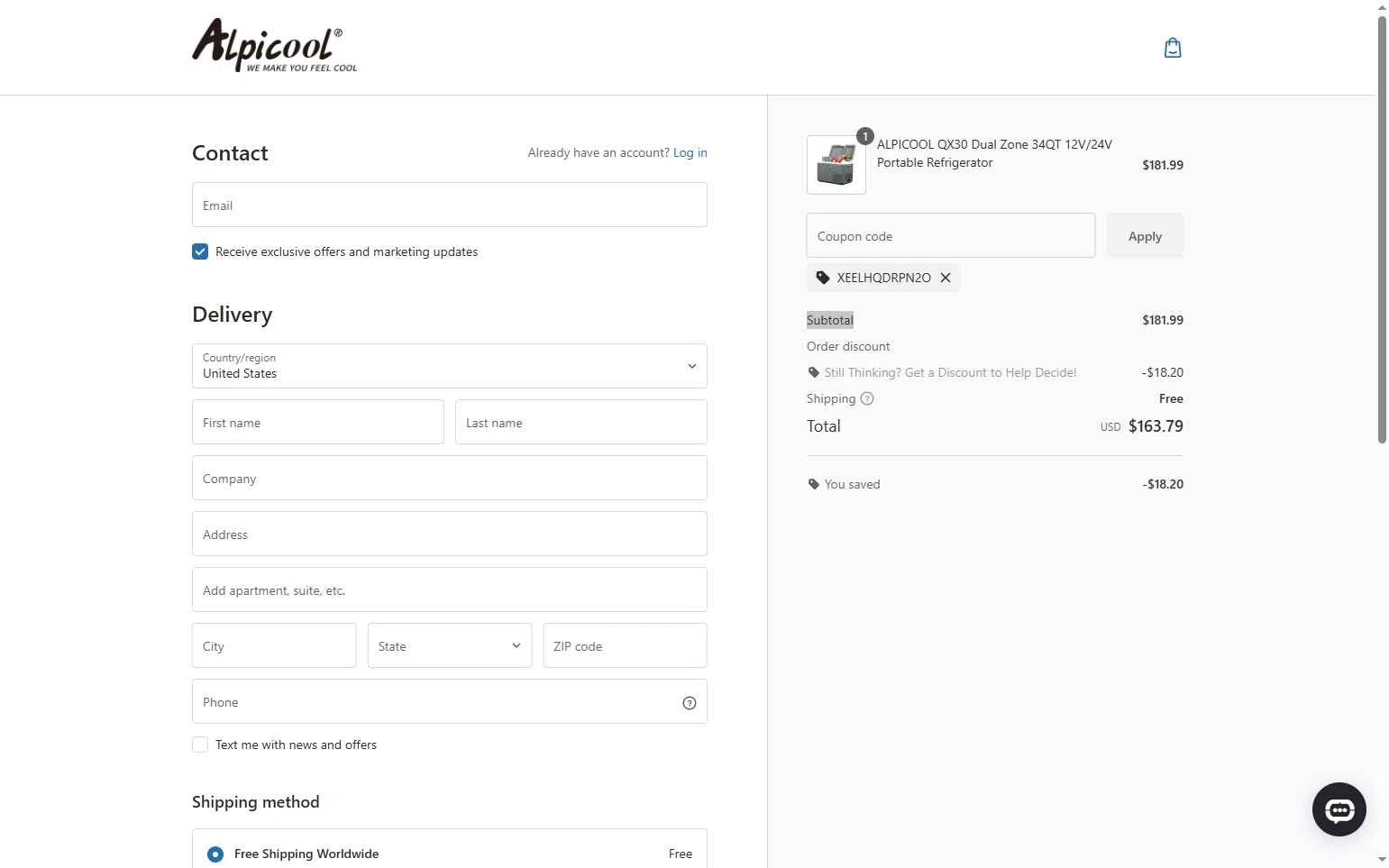 ALPICOOL checkout page showing ALPICOOL discount code box | Screenshot taken by SimplyCodes community member on Sep 26, 2025
