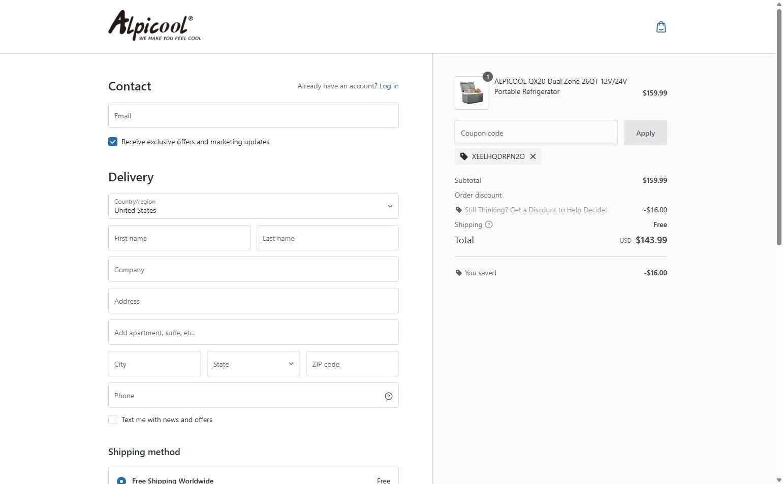 ALPICOOL checkout page showing ALPICOOL discount code box | Screenshot taken by SimplyCodes community member on Aug 28, 2025