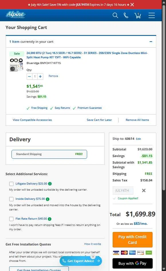 Alpine Home Air Products checkout page showing Alpine Home Air Products coupon code box | Screenshot taken by SimplyCodes community member on Jul 2, 2025