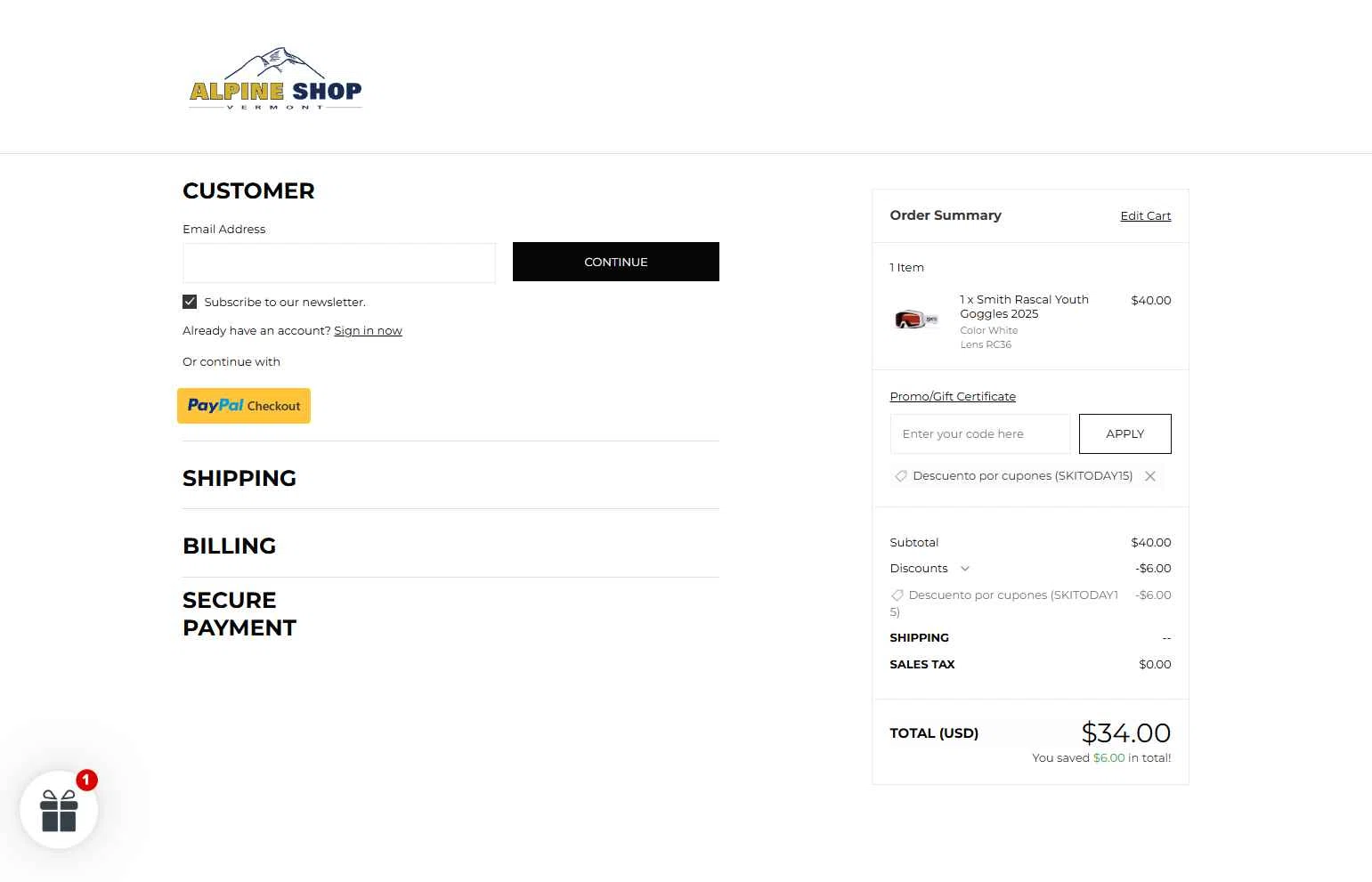 Alpine Shop Vermont checkout page showing Alpine Shop Vermont promo code box | Screenshot taken by SimplyCodes community member on Feb 16, 2026